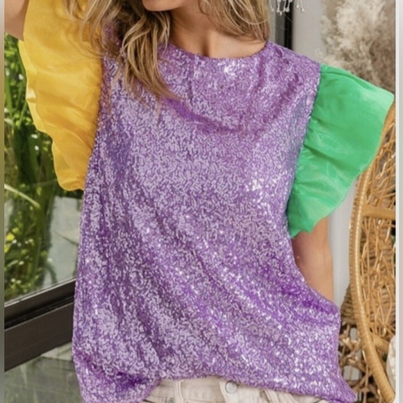 BiBi Tops - BiBi Purple and Yellow and Green Flutter Sleeve Top size XL